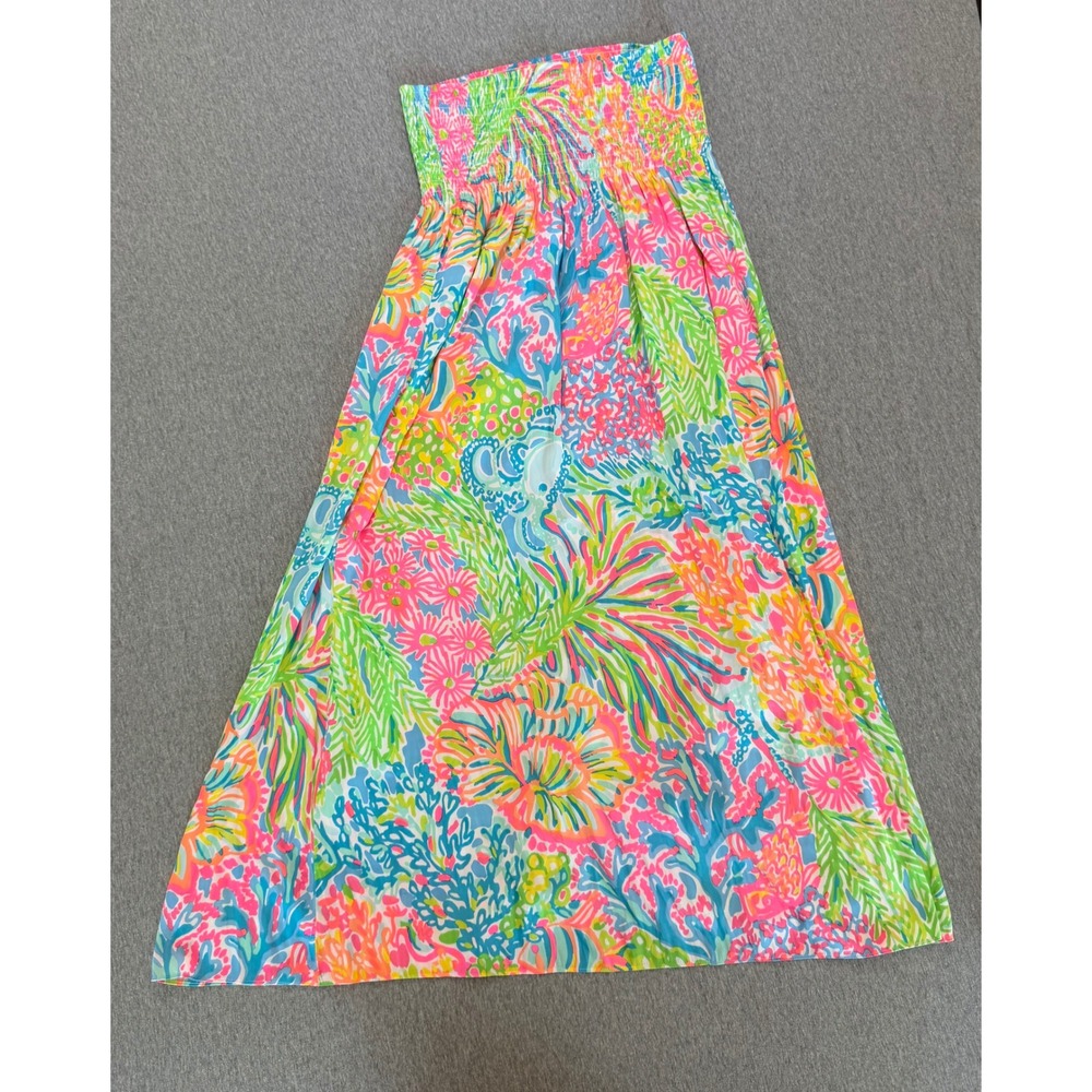 Lilly Pulitzer Smocked Maxi Skirt Dress Tropical Coral Reef Print Pink Blue M